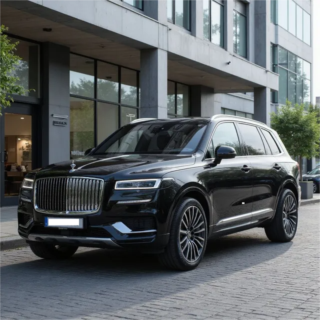 Black luxury SUV parked on a cobblestone street in front of a modern building.