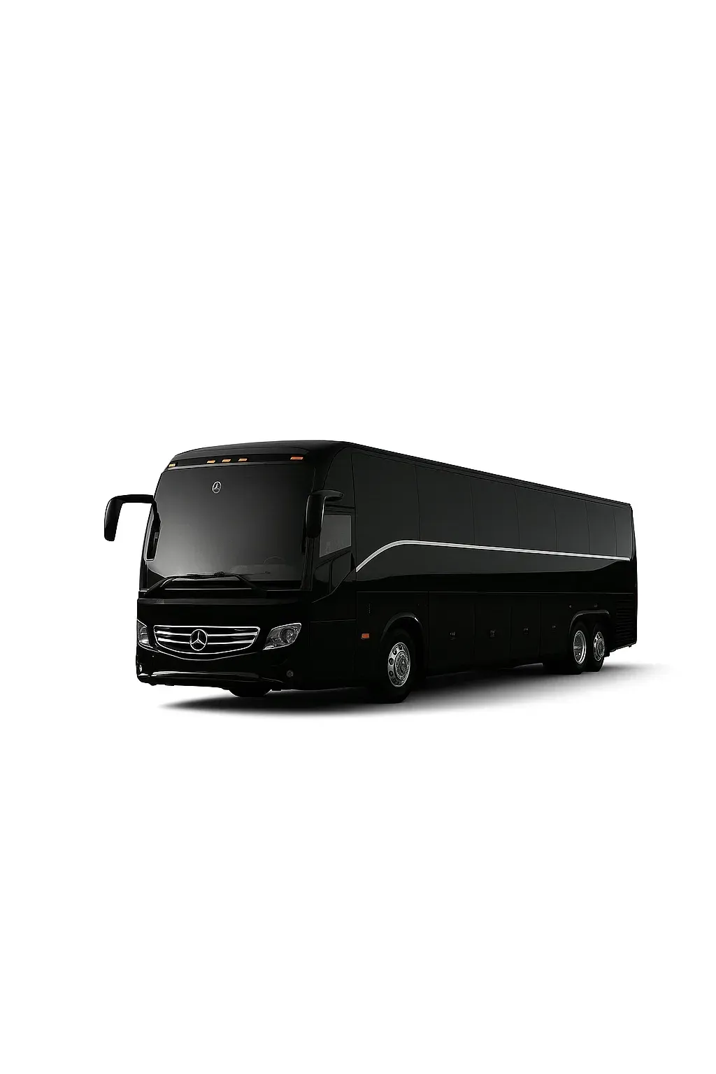 Black coach bus on a white background, side view.