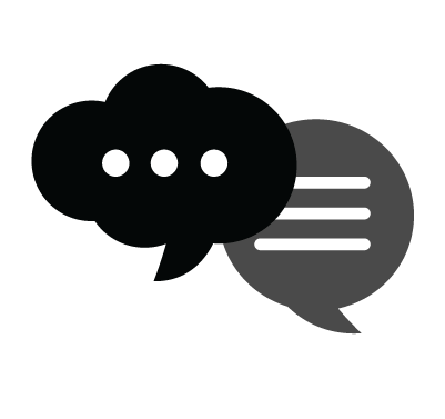 A black and gray speech bubble with three dots and three lines.
