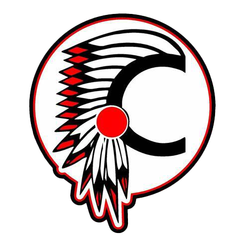 A native american headdress with feathers and a letter c in a circle.