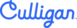 A blue logo for culligan on a white background