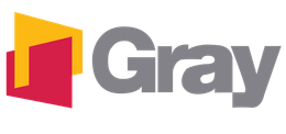 A gray logo with a red and yellow triangle on a white background.
