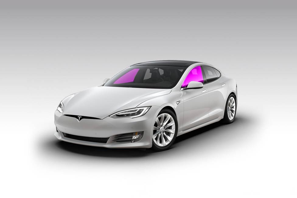 White Tesla car with pink tinted windows on a white background.