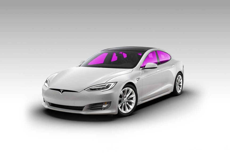 White Tesla car with magenta-tinted windows, against a light gray background.