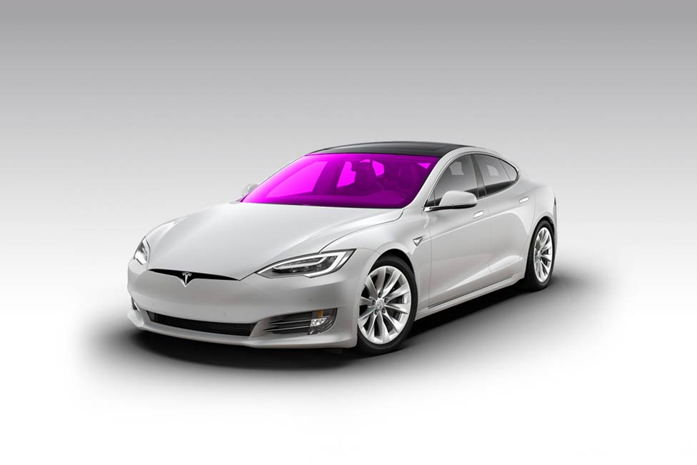 White Tesla Model S with magenta-tinted windows against a gray background.