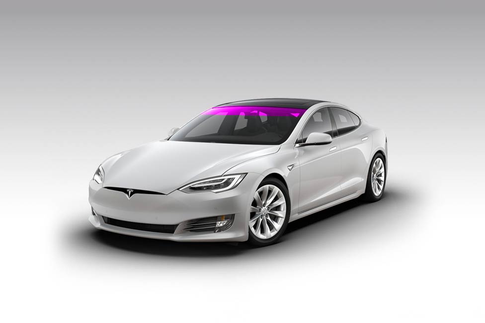 White Tesla car with purple highlighting the windshield against a gray background.