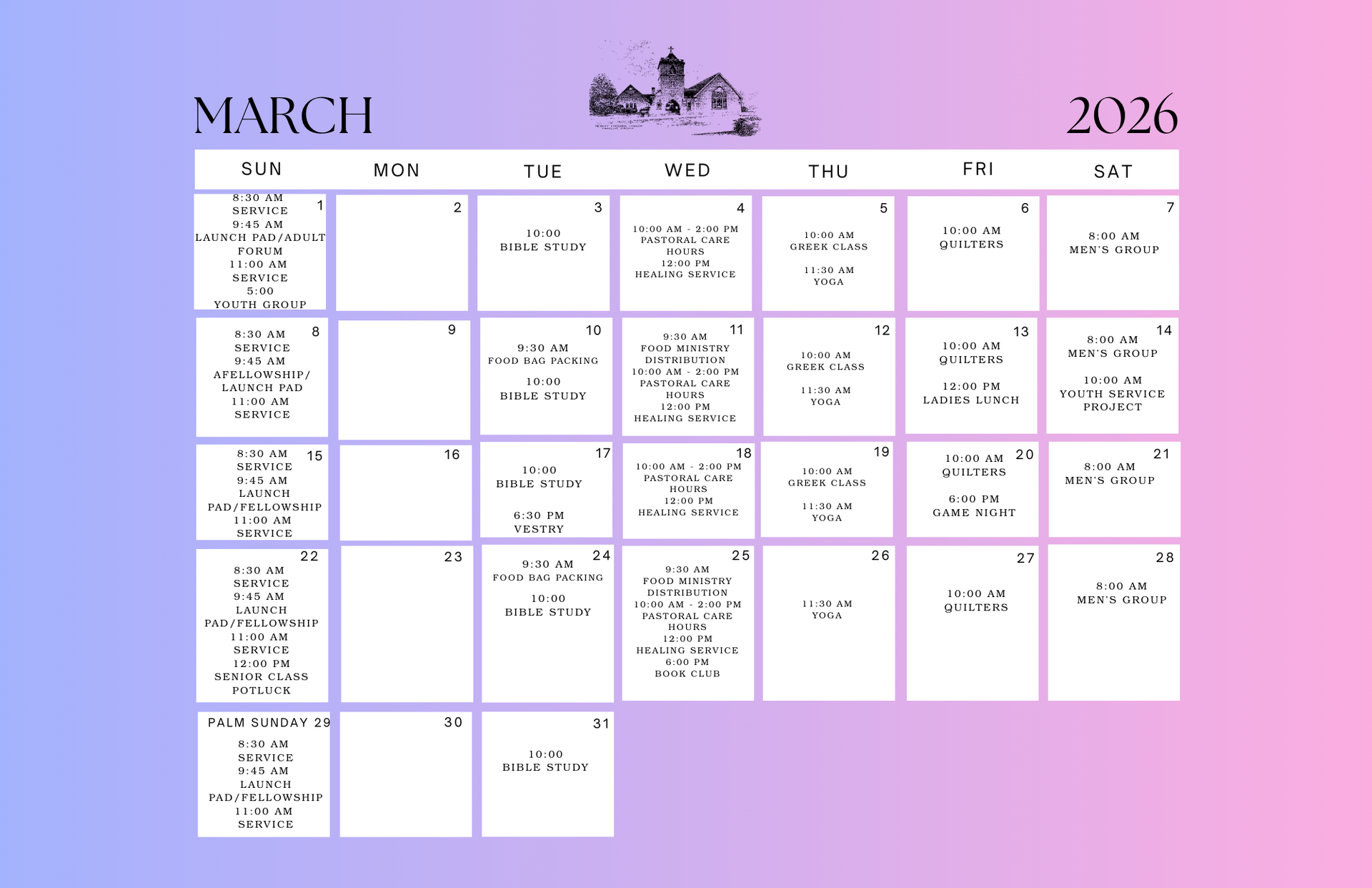 March 2026 calendar, light blue and pink gradient background.  Appointments are listed within the calendar boxes.