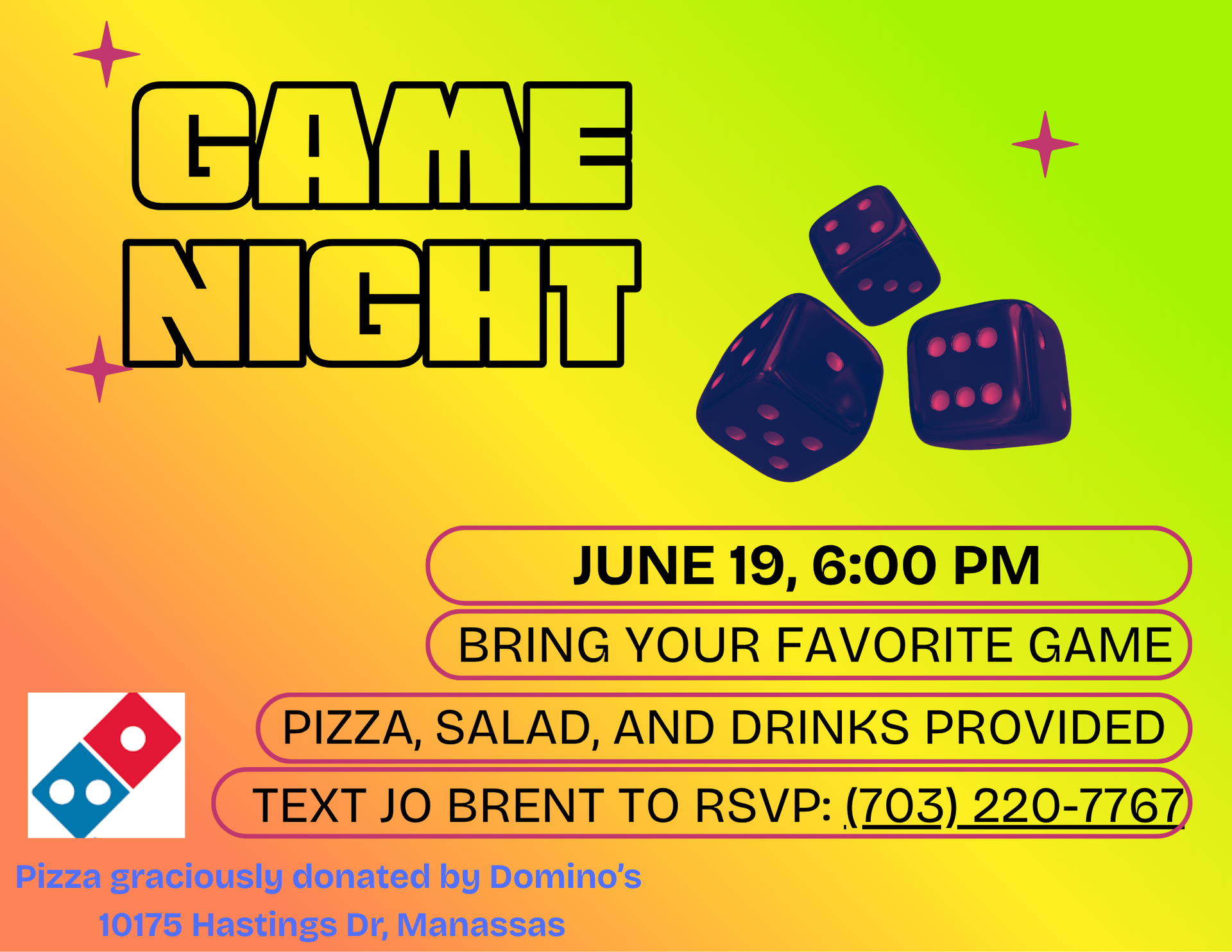 Game night flyer with dice on a gradient blue/pink background. Event is March 20, 6:00 PM. RSVP by texting Jo Brent.