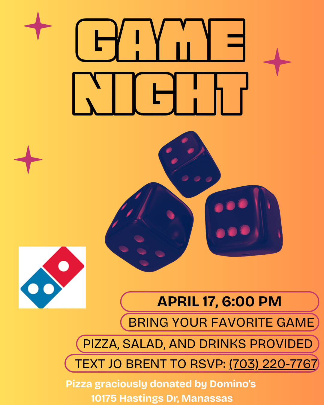 Game night flyer with dice on a gradient blue/pink background. Event is March 20, 6:00 PM. RSVP by texting Jo Brent.
