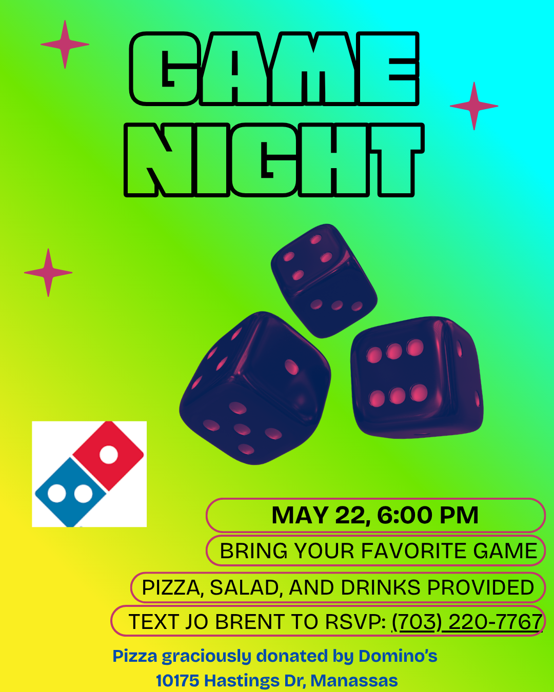 Game night flyer with dice on a gradient blue/pink background. Event is March 20, 6:00 PM. RSVP by texting Jo Brent.