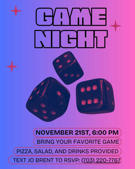 Game night poster with dice, date, and details on a gradient background.