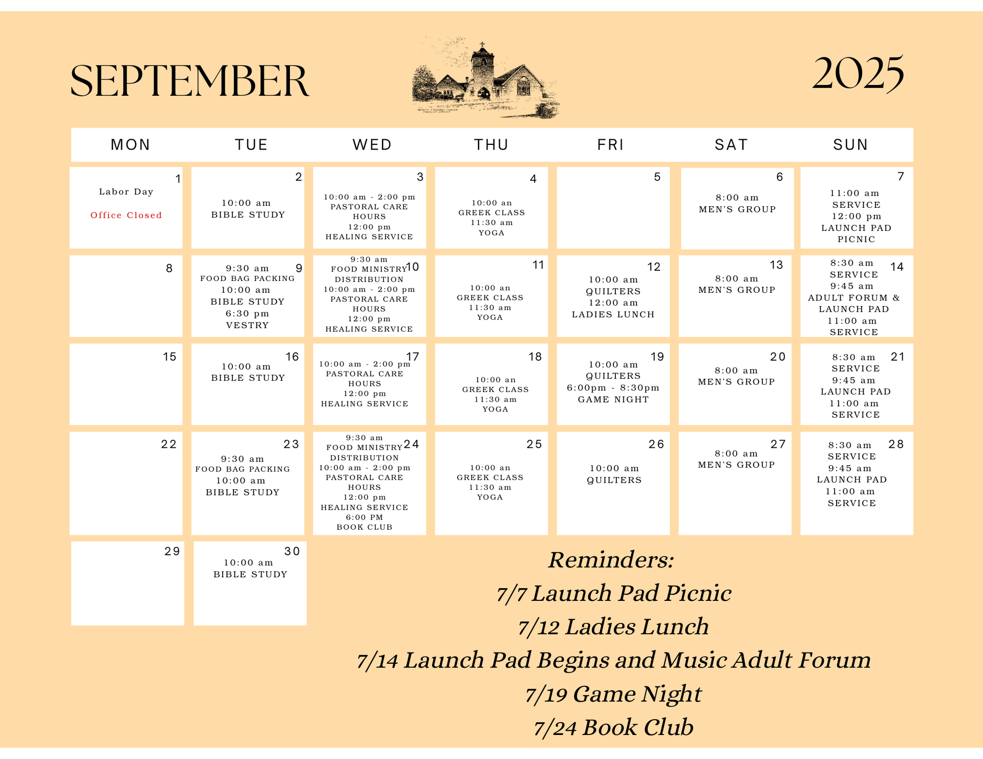 September 2025 calendar with church graphic. Includes event reminders like Launch Pad Picnic and Book Club.