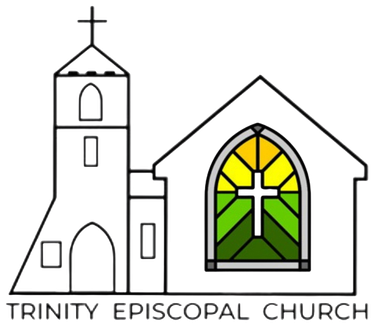 Trinity Episcopal Church logo, white church building with steeple and colorful stained glass window.