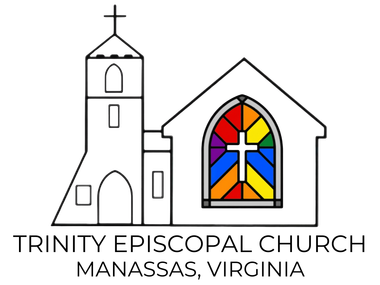 Trinity Episcopal Church logo, white church building with steeple and colorful stained glass window.