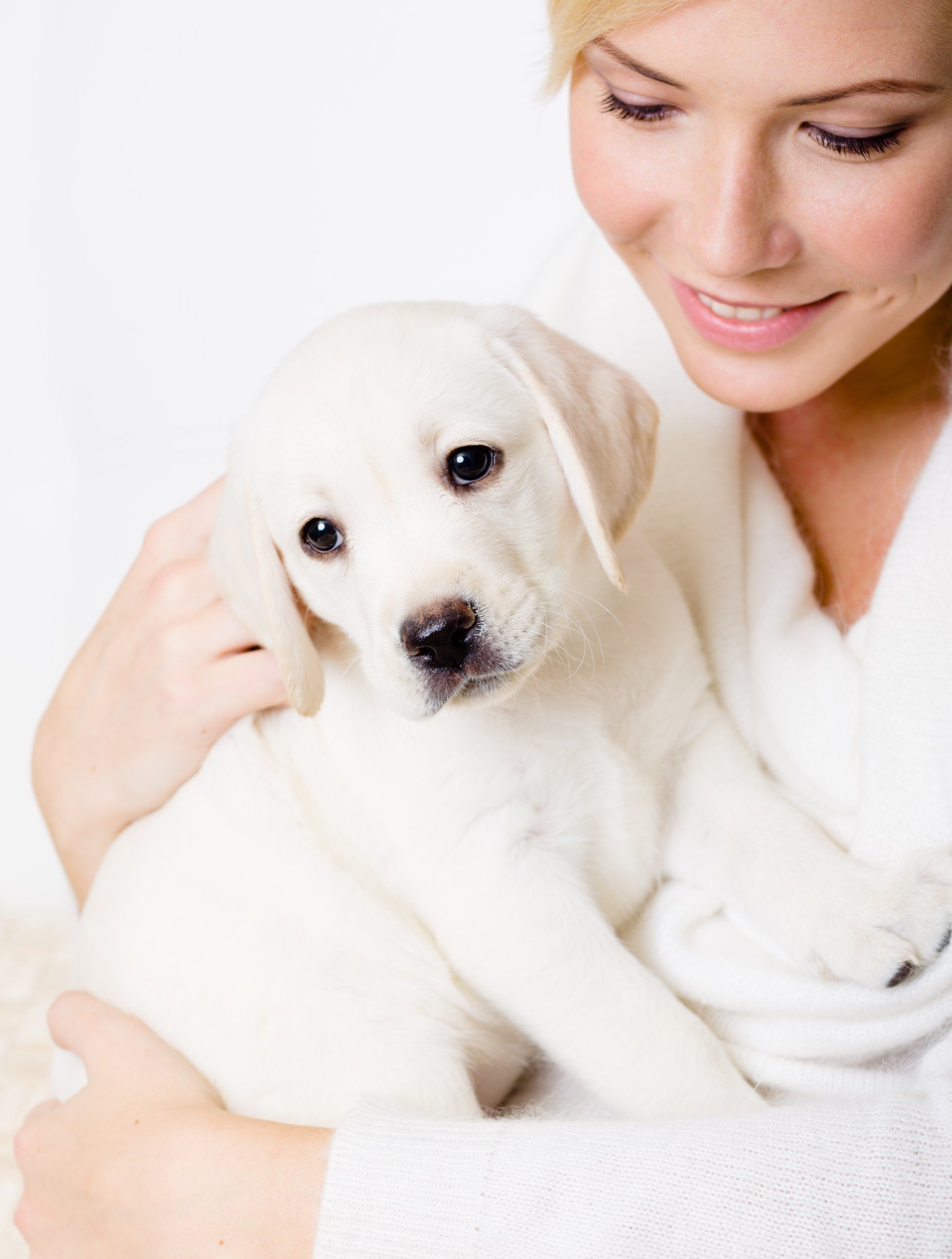 A woman is holding a white puppy in her arms.