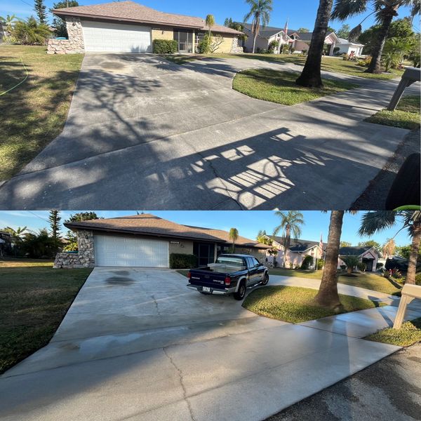 A before and after photo of a driveway with a truck parked in front of a house.