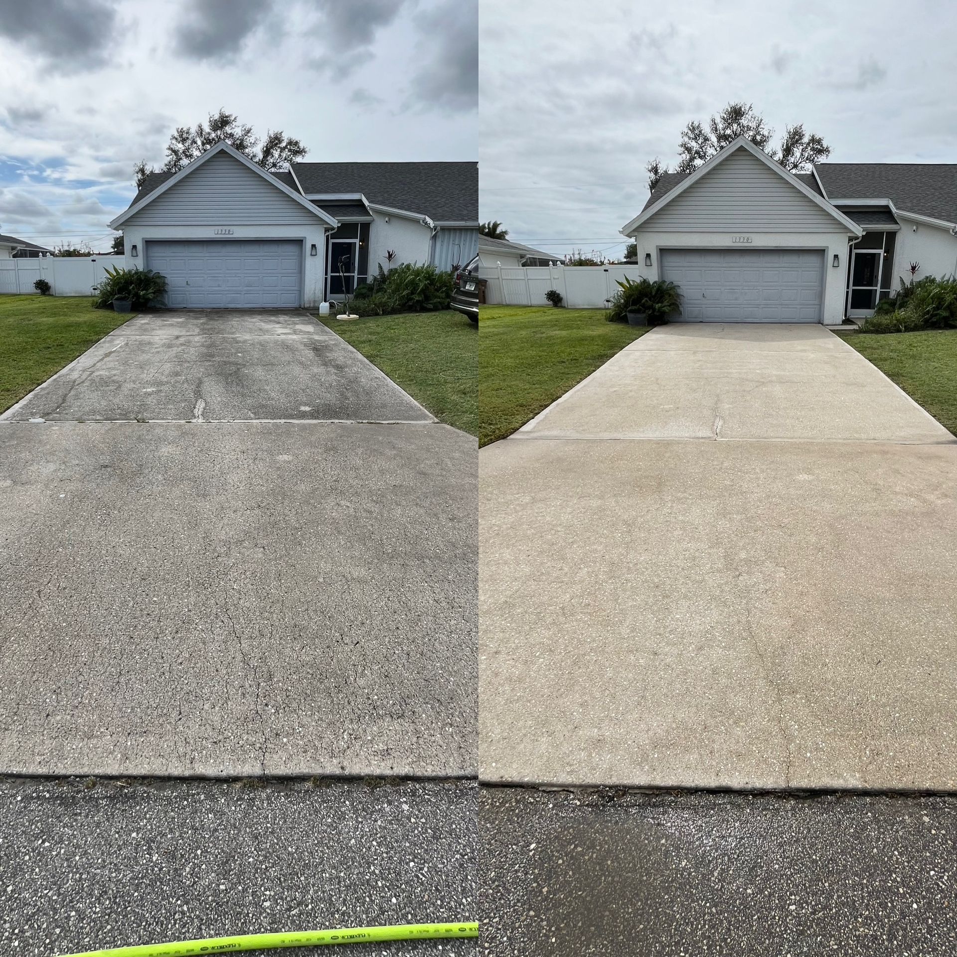 A before and after picture of a driveway in front of a house.