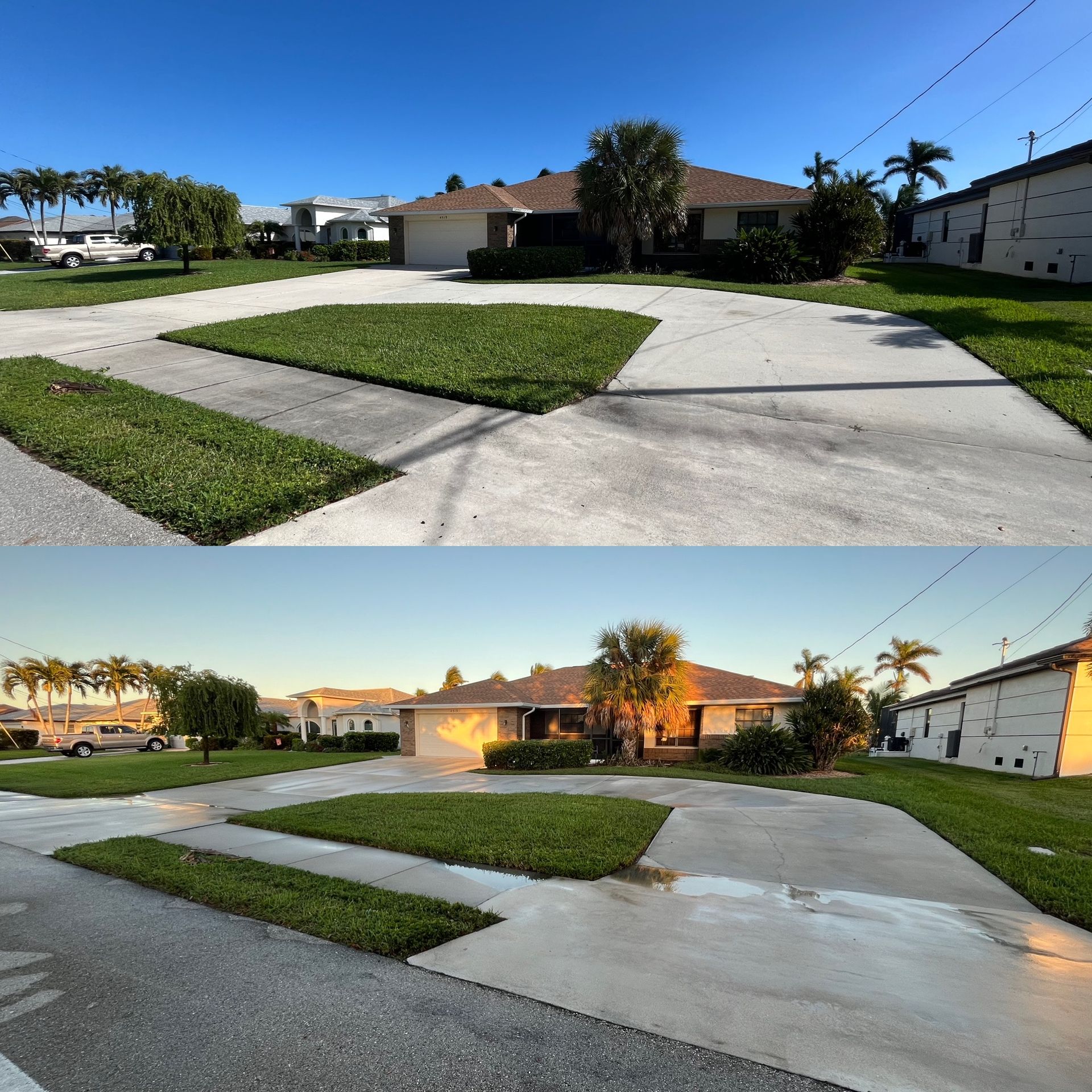 A before and after photo of a driveway with a house in the background