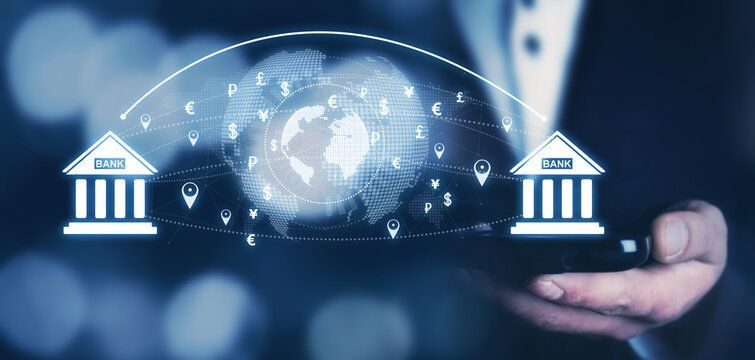  displaying a digital bank transaction between two buildings, with currency symbols overlaid on the globe.