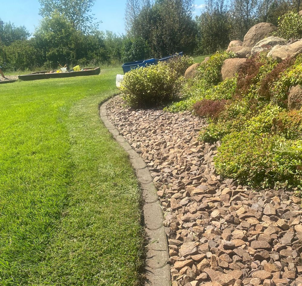 A lush green lawn surrounded by rocks and bushes on a sunny day.