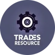 A dark blue circle with a gear icon and the text 