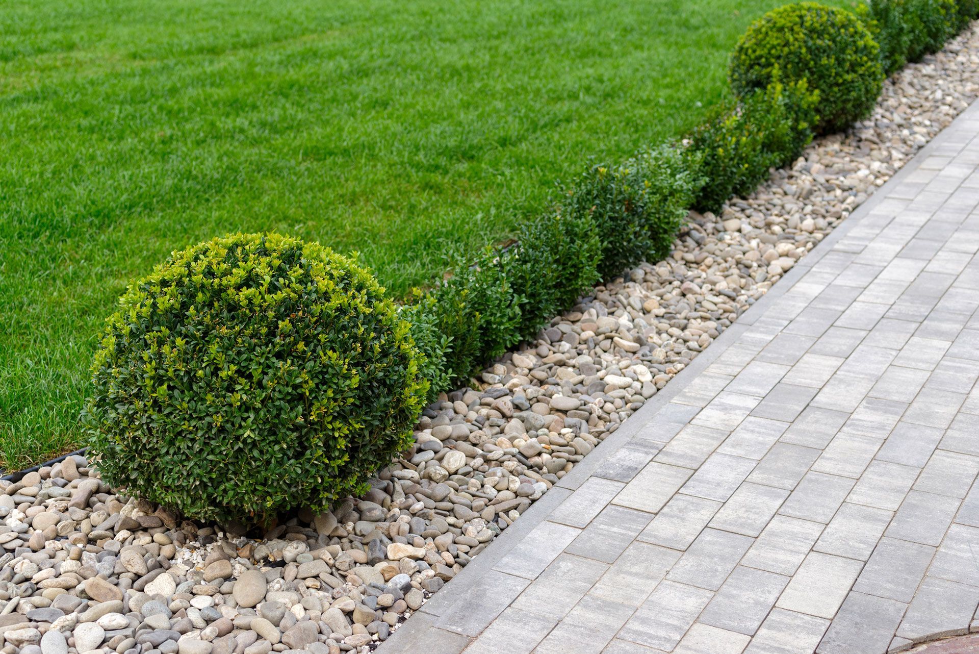 A brick walkway leading to a lush green lawn with bushes and rocks
