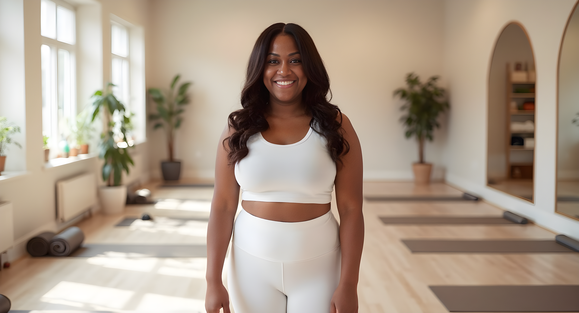 Her Form Studio founder Khiarain a white workout set standing in a bright fitness studio with a welcoming smile.
