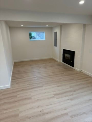Empty modern room with light wood floors, white walls, small window, and black fireplace.