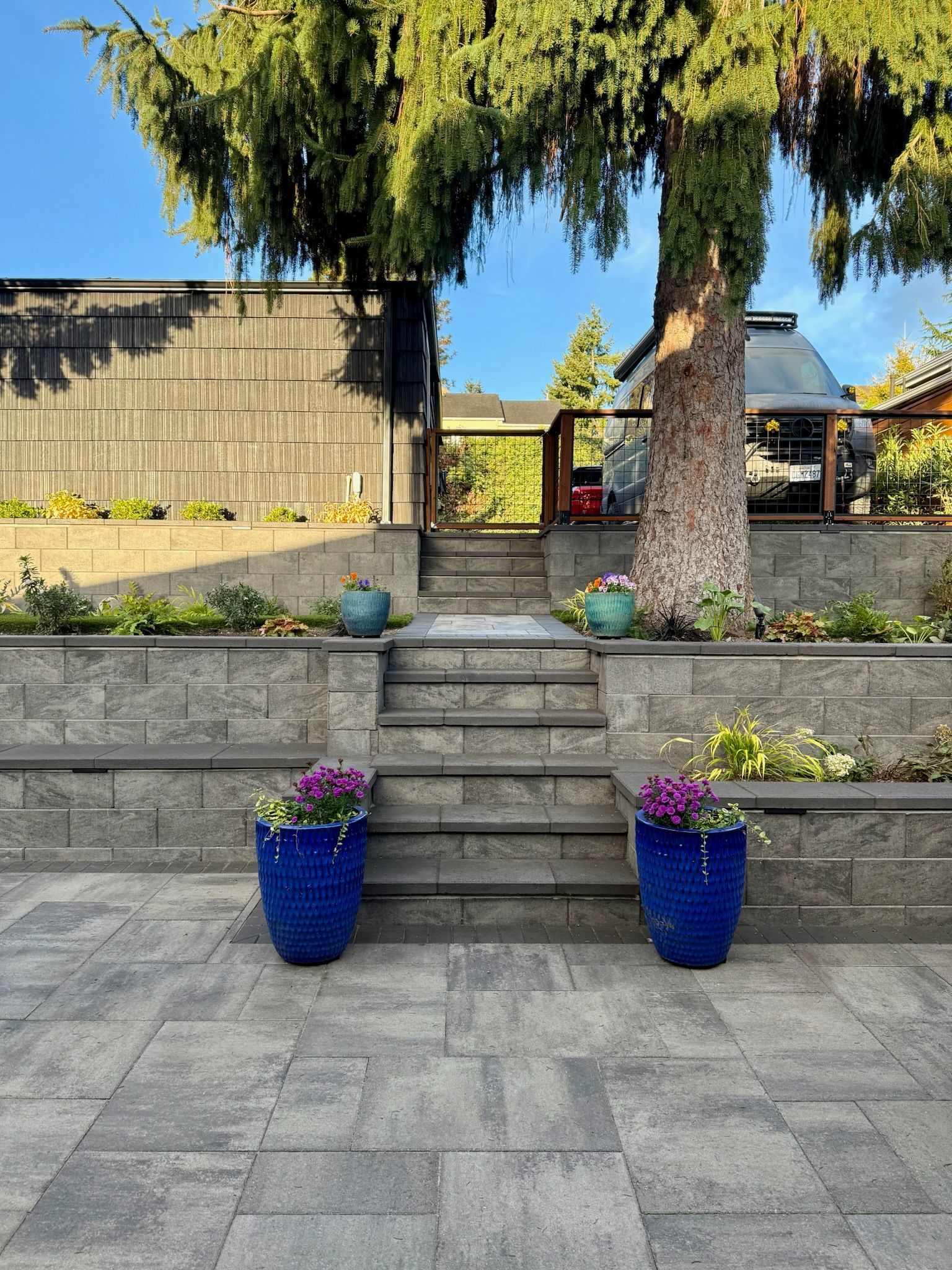 Stone steps leading to a raised patio with potted flowers and a large tree in a landscaped courtyard