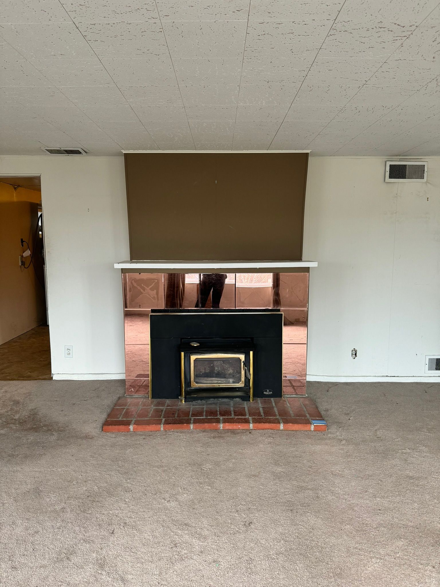 Living room with a black fireplace and tan mantel on a brick hearth, centered on a carpeted wall.