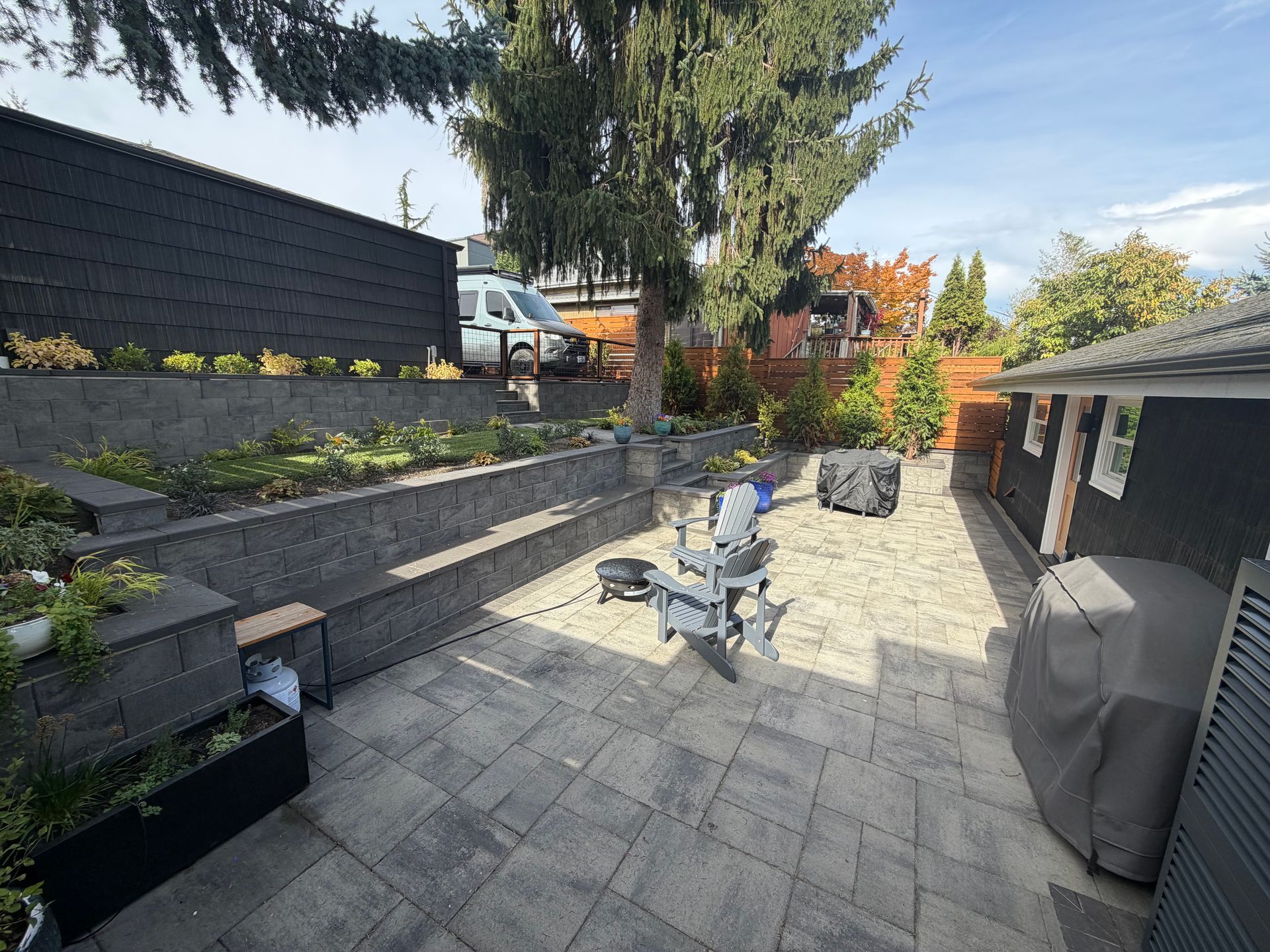 Backyard patio with stone pavers, raised planter beds, outdoor chairs, and a covered grill area
