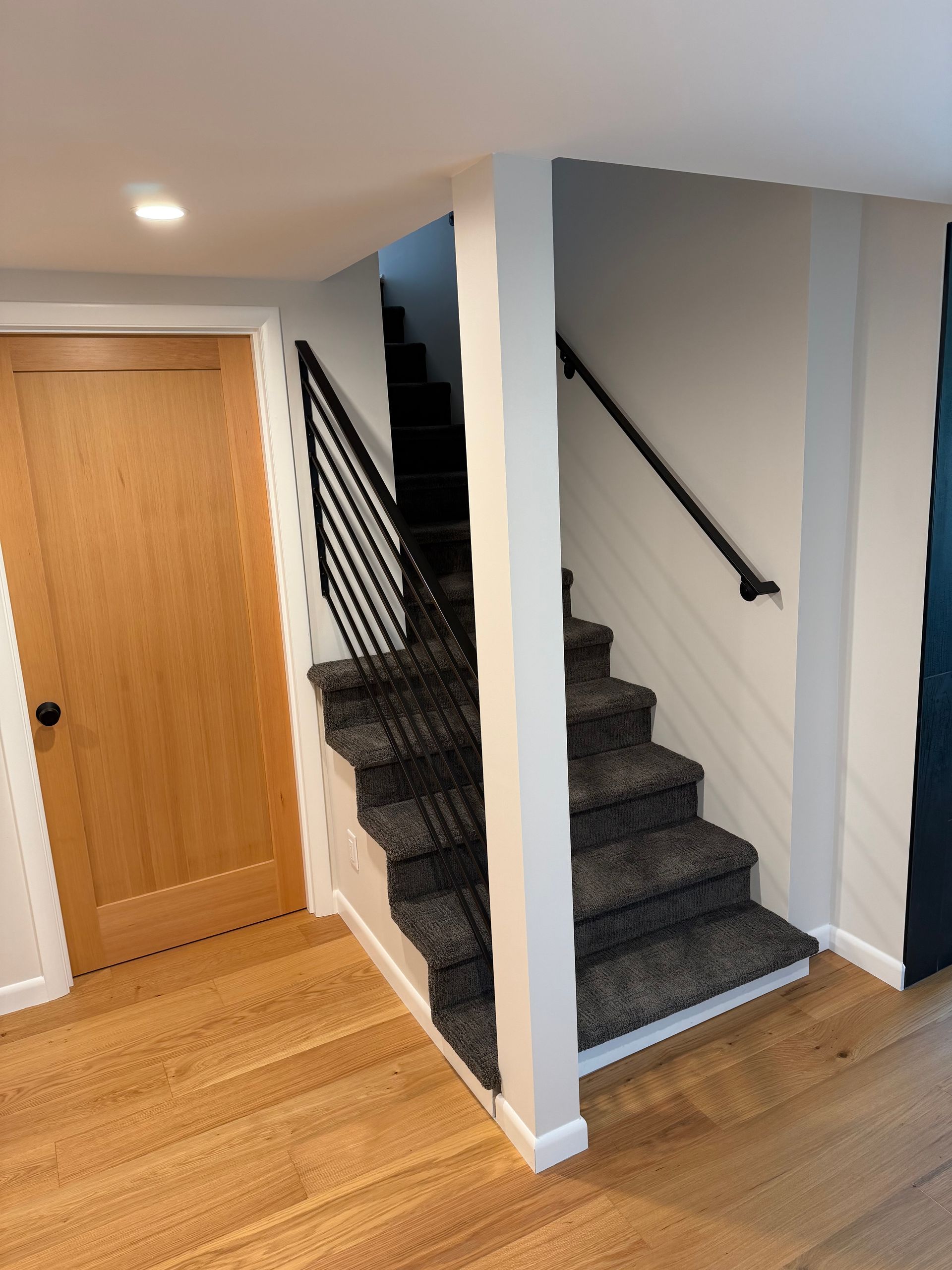 Hallway with two carpeted staircases, white walls, wood floor, and a wooden door on the left.
