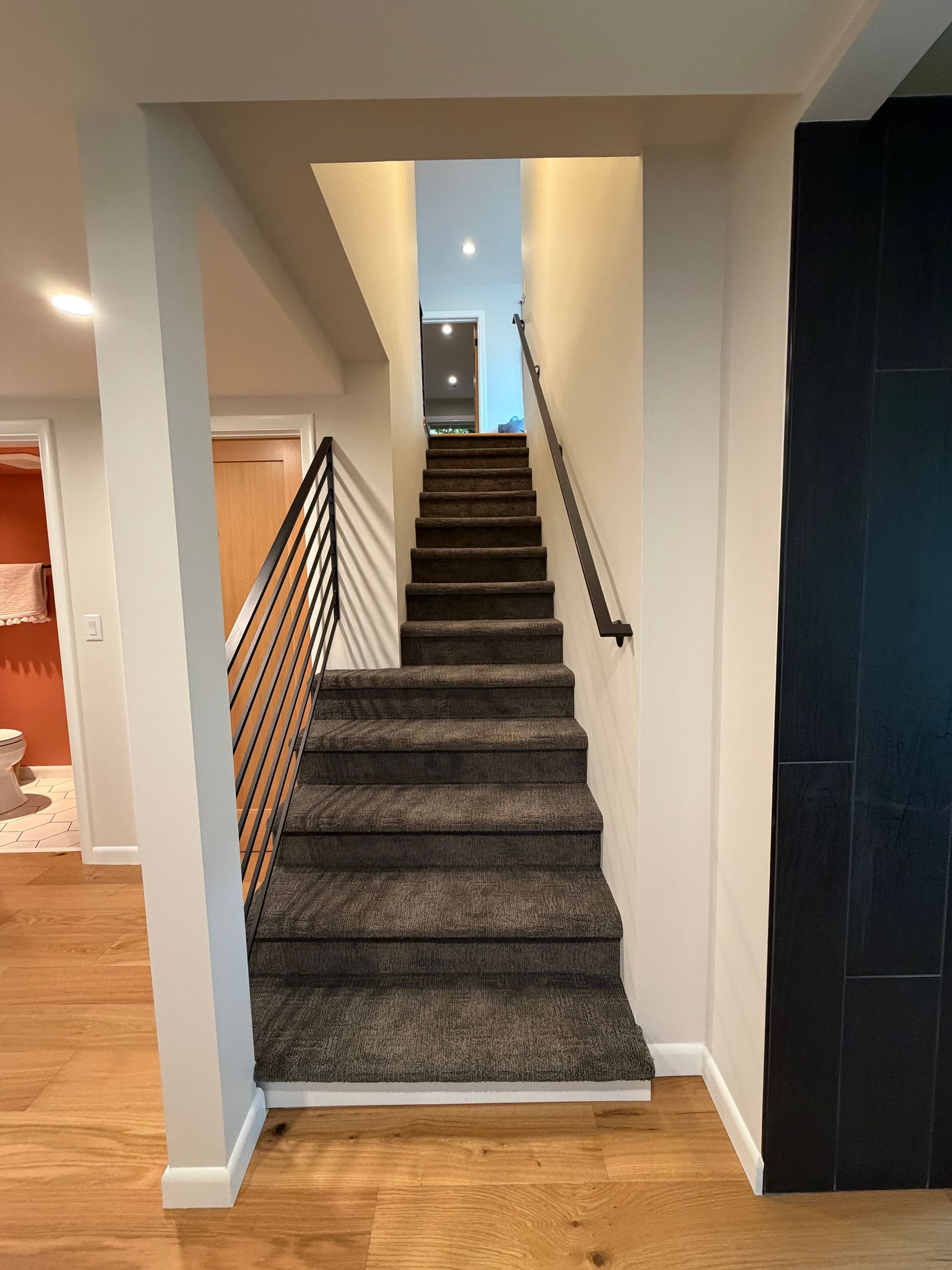 Carpeted staircase in a home hallway with white walls and black handrails.