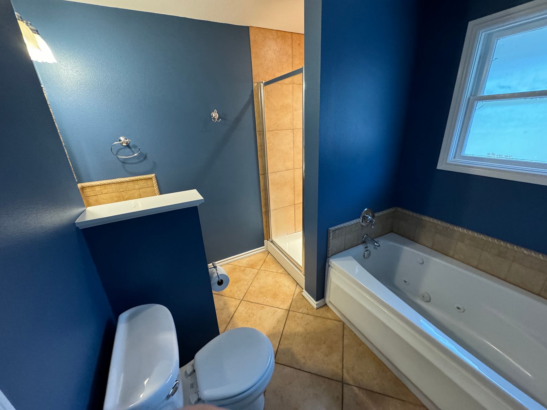 Blue-and-beige bathroom with toilet, sink, shower, and bathtub near a window.