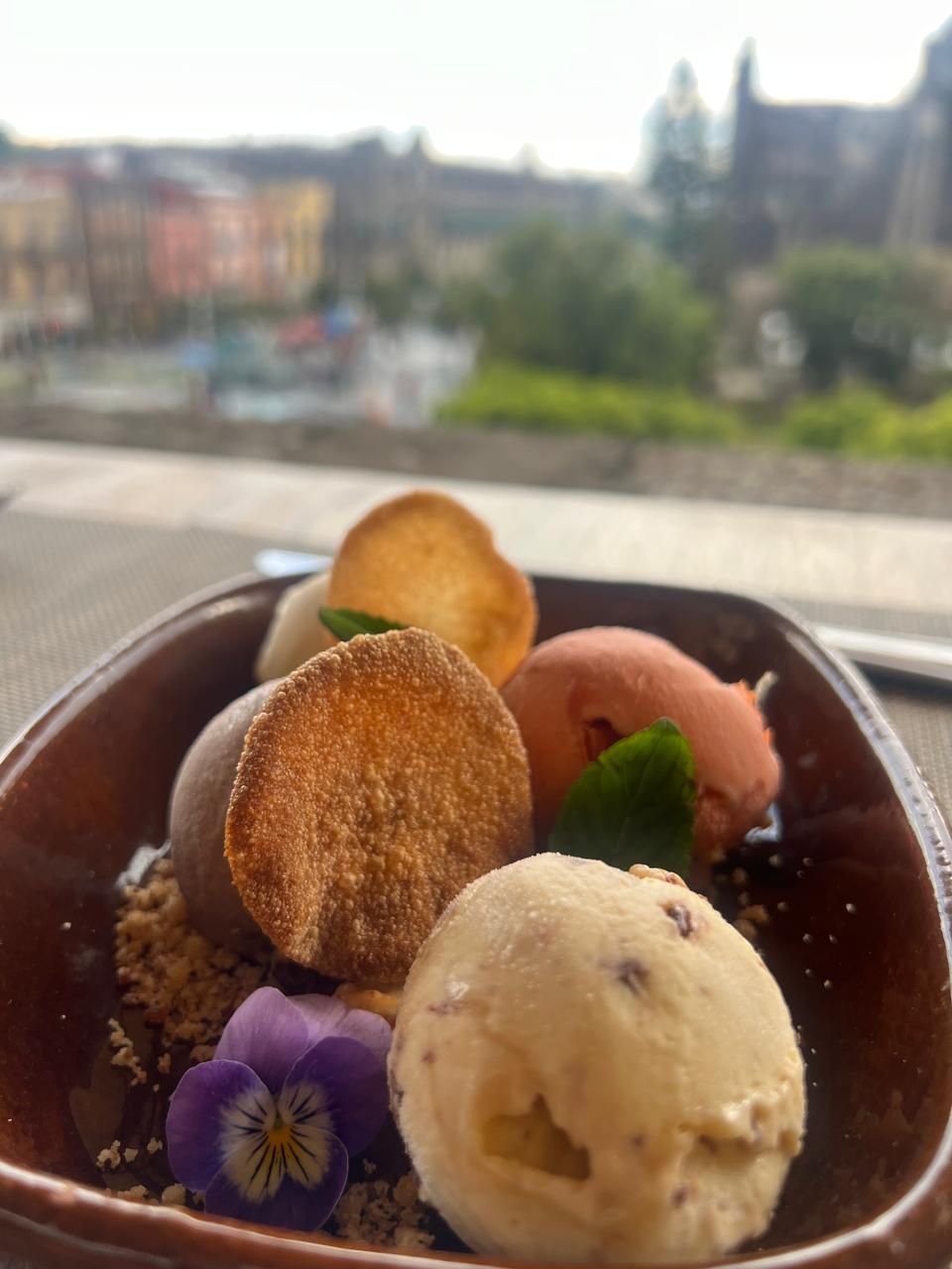 Un primer plano de un plato de comida con una ciudad al fondo.