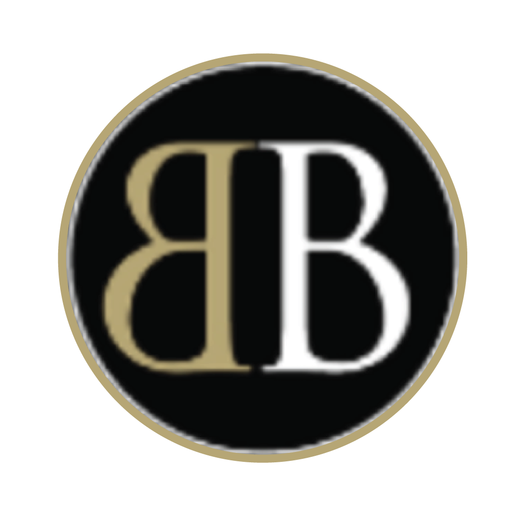 Black circle logo with two mirrored gold and white “B” letters.