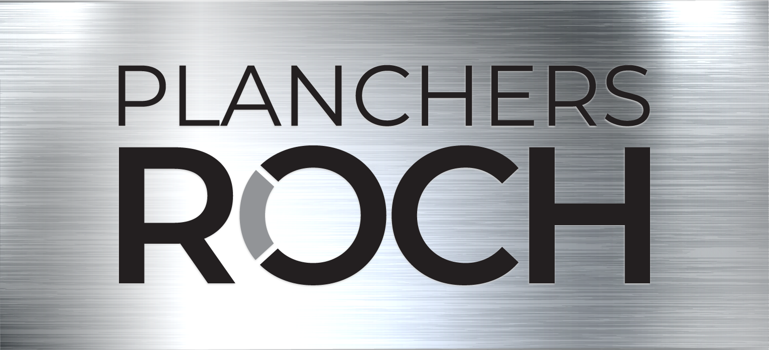 Logo de « Planchers Roch » en caractères noirs sur fond métallique. Le « O » de « Roch » présente un segment grisé.
