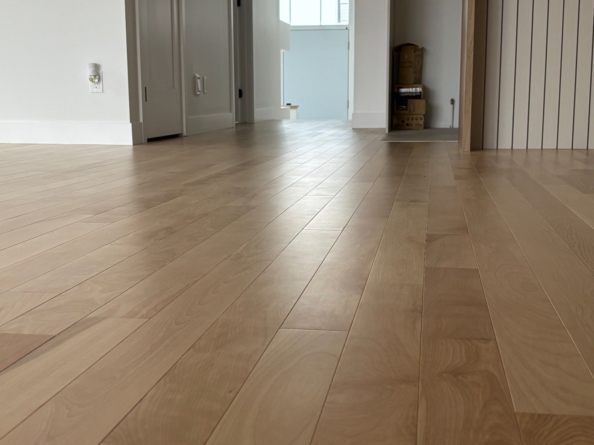 Sol en bois clair dans un couloir lumineux ; une porte et des murs blancs sont visibles.