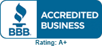 BBB Accredited Business logo with A+ rating in blue and white