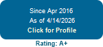 Blue profile badge reading “Since Apr 2016,” “As of 4/14/2026,” “Click for Profile,” and “Rating: A+”