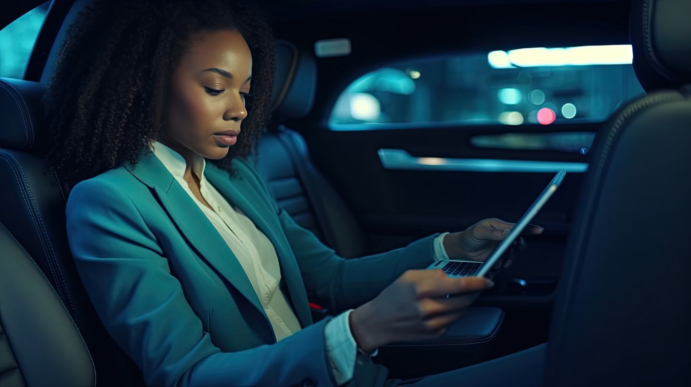 Person reading on a tablet in a dimly lit car at night