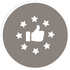 White thumbs-up icon in a gray circle, surrounded by small stars.