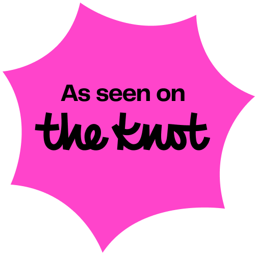 Pink starburst label with “As seen on the knot” in black text.