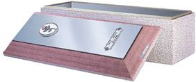 A pink and silver urn with the lid open on a white background.