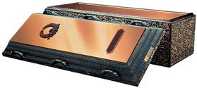 A copper coffin with the lid open on a white background.