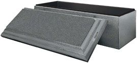 A gray box with the lid open on a white background.