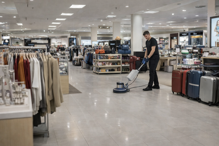 Person cleans shiny floor of bright department store with floor buffer; racks and luggage visible.