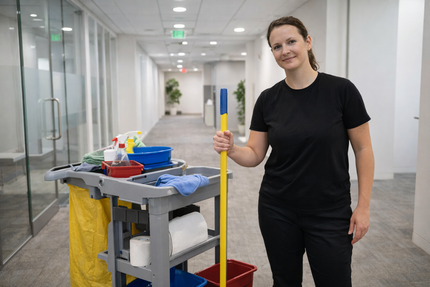 Cleaning staff in black attire holds mop in office hallway with cleaning cart, tidy ambiance.
