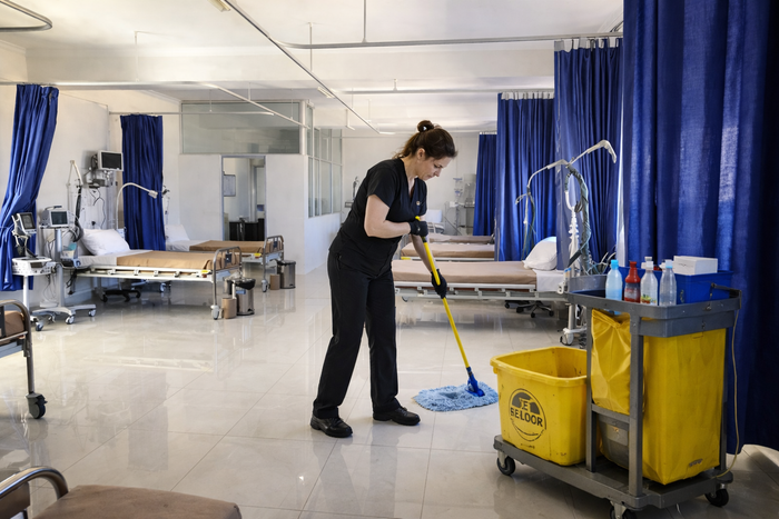 Masked man in scrubs handles gloves by cleaning cart in hospital hallway with caution sign.