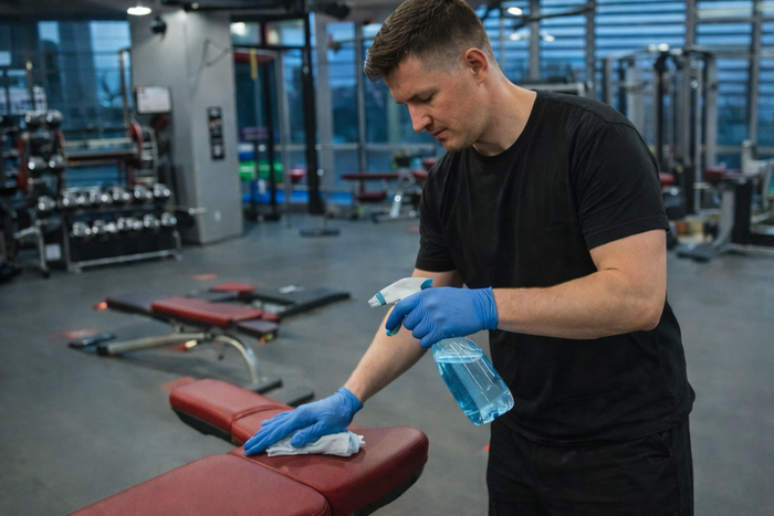 Person in blue gloves cleans red gym bench with spray bottle in well-lit gym with equipment